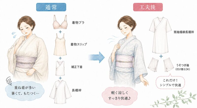 夏着物の通常の重ね着と、筒袖楊柳長襦袢とうそつき袖で軽く着る工夫の比較図
